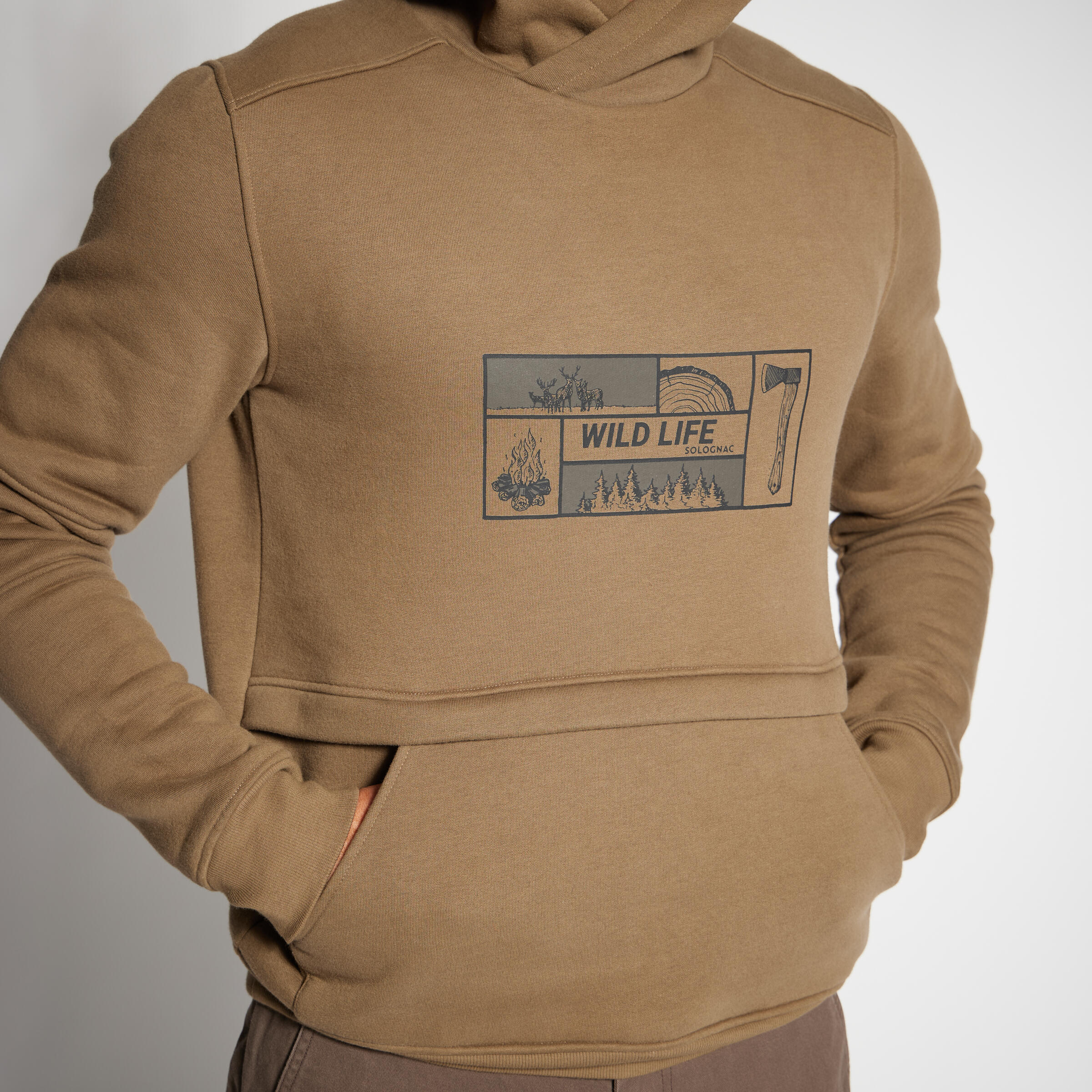 Erkek Kapüşonlu Sweatshirt - Avcılık ve Doğa Gözlemi - Bej - 500 Logo