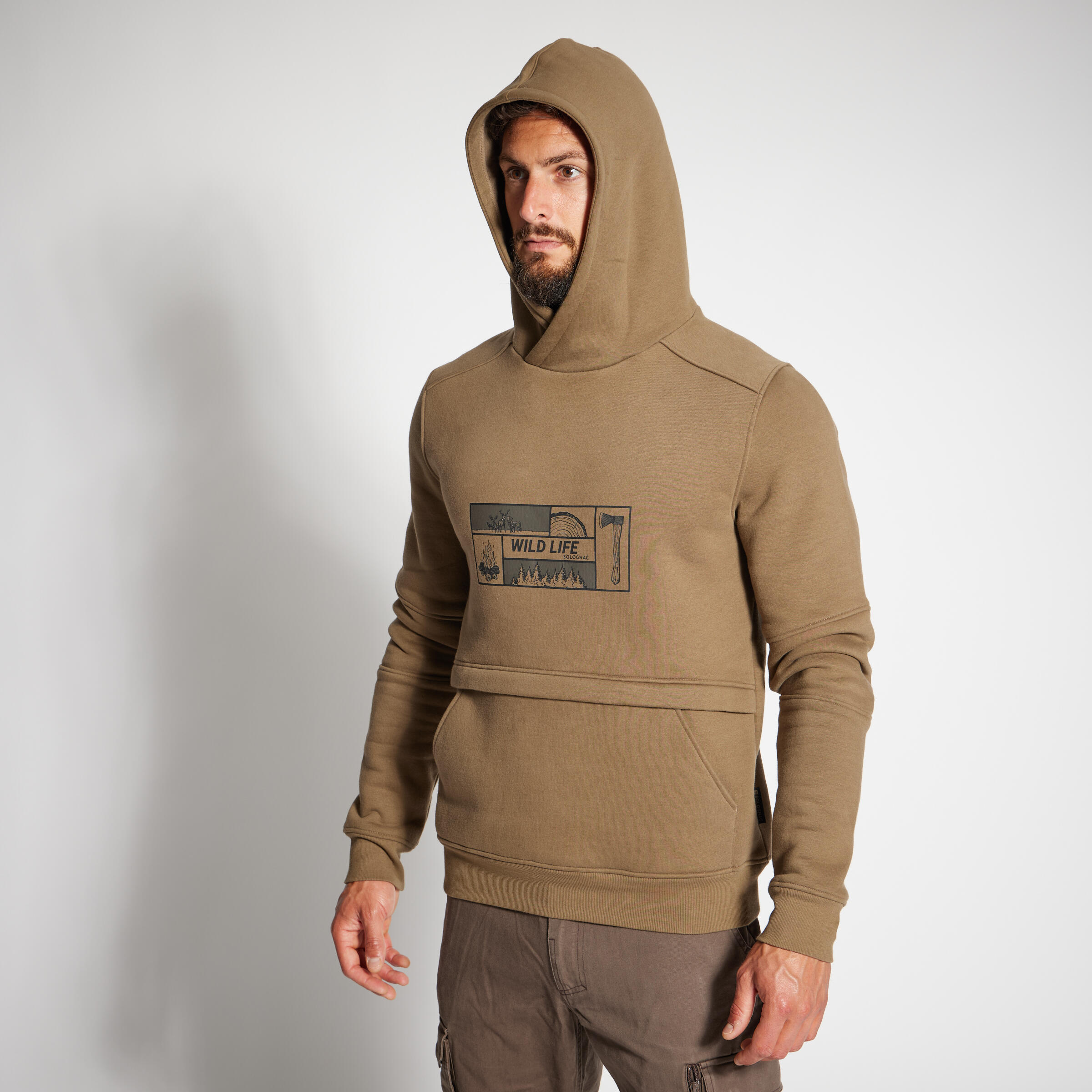 Erkek Kapüşonlu Sweatshirt - Avcılık ve Doğa Gözlemi - Bej - 500 Logo