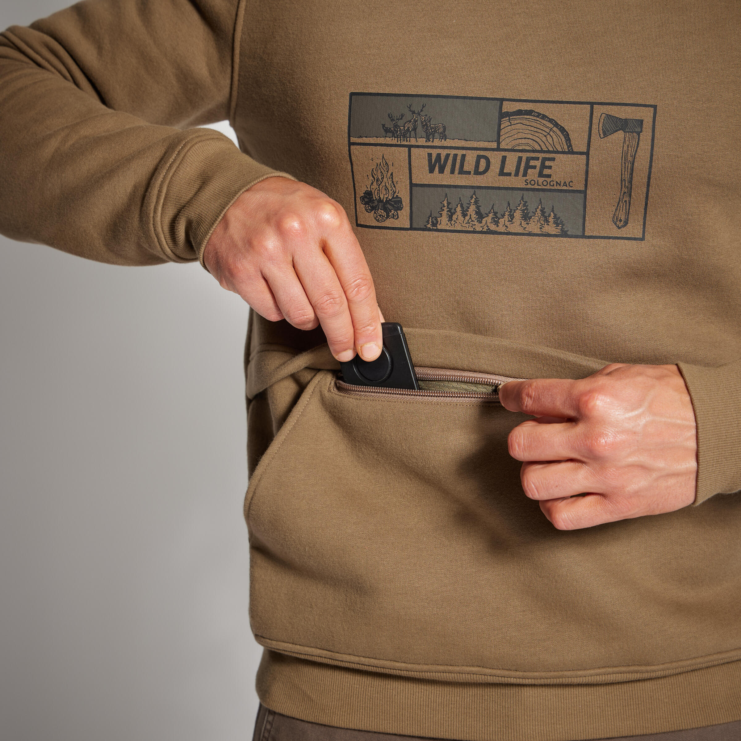 Erkek Kapüşonlu Sweatshirt - Avcılık ve Doğa Gözlemi - Bej - 500 Logo