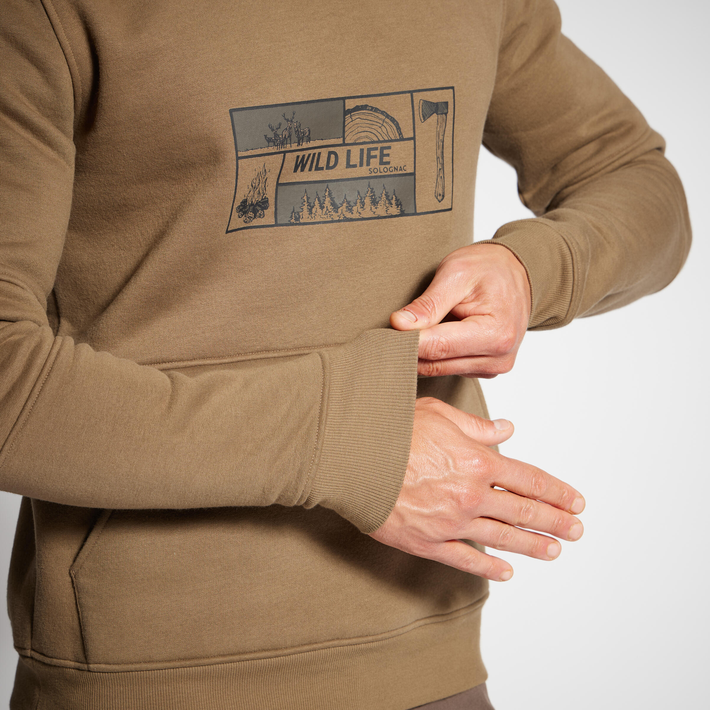 Erkek Kapüşonlu Sweatshirt - Avcılık ve Doğa Gözlemi - Bej - 500 Logo