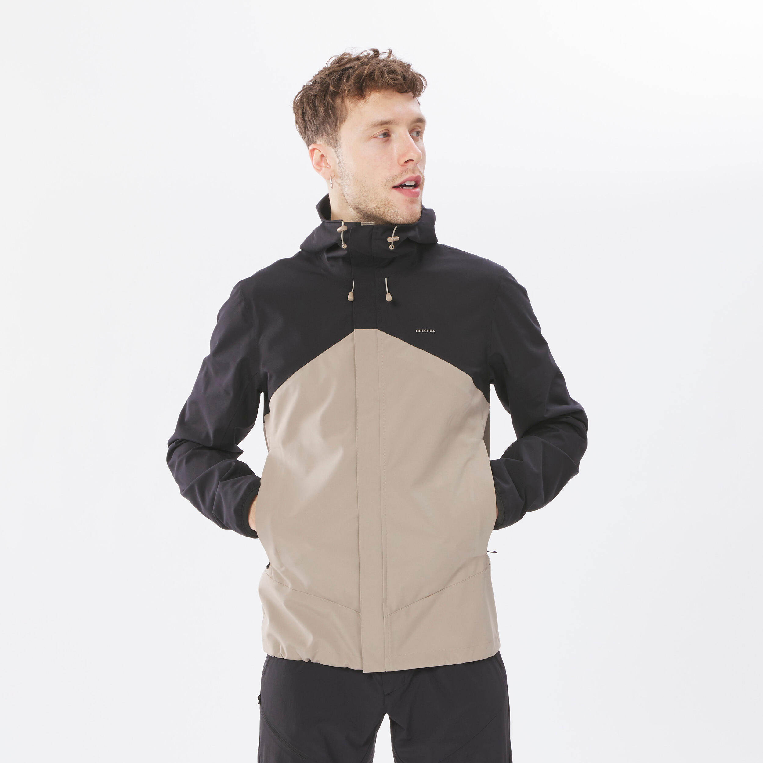 کاپشن بارانی مردانه فضای باز QUECHUA – مشکی/بژ – MH150