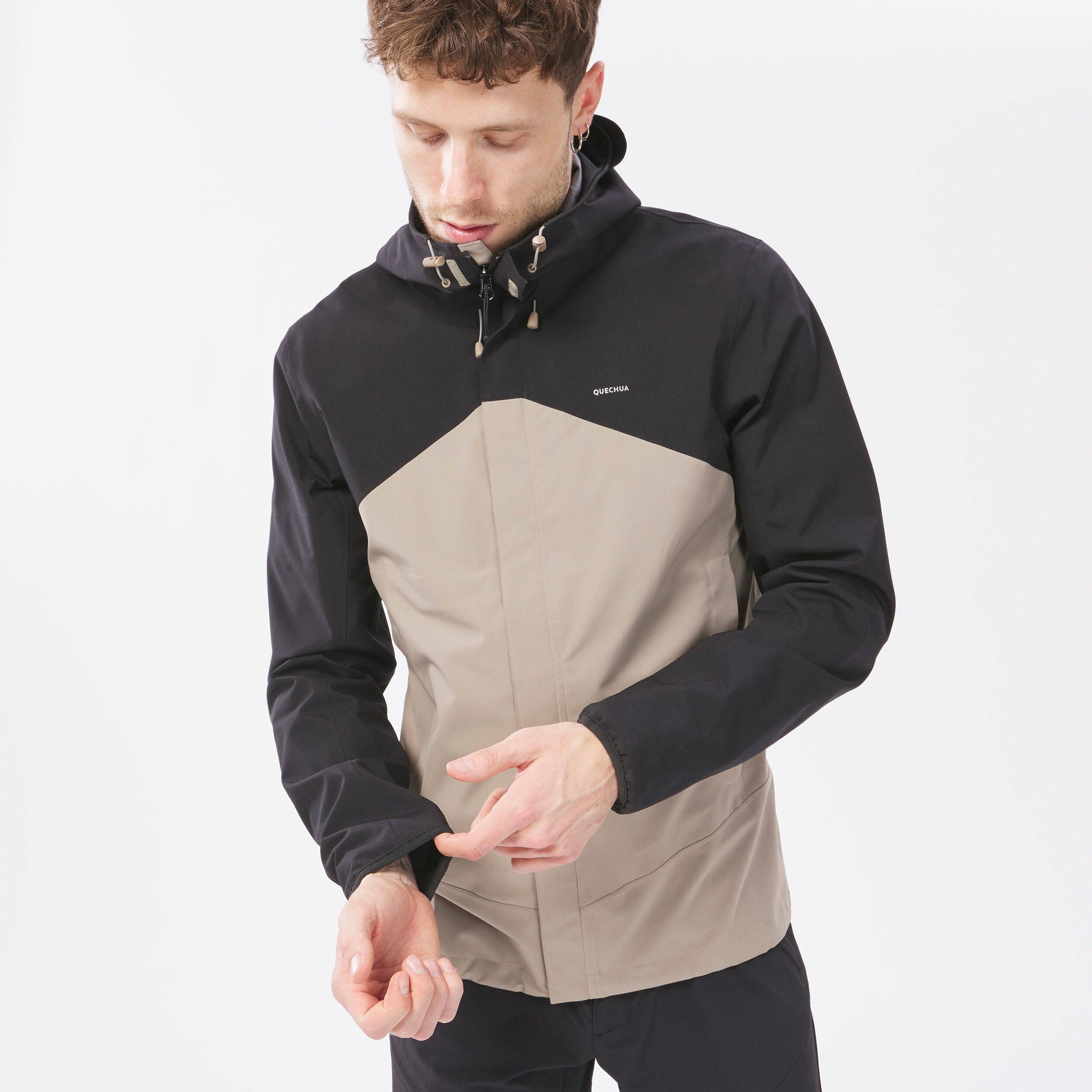 کاپشن بارانی مردانه فضای باز QUECHUA – مشکی/بژ – MH150