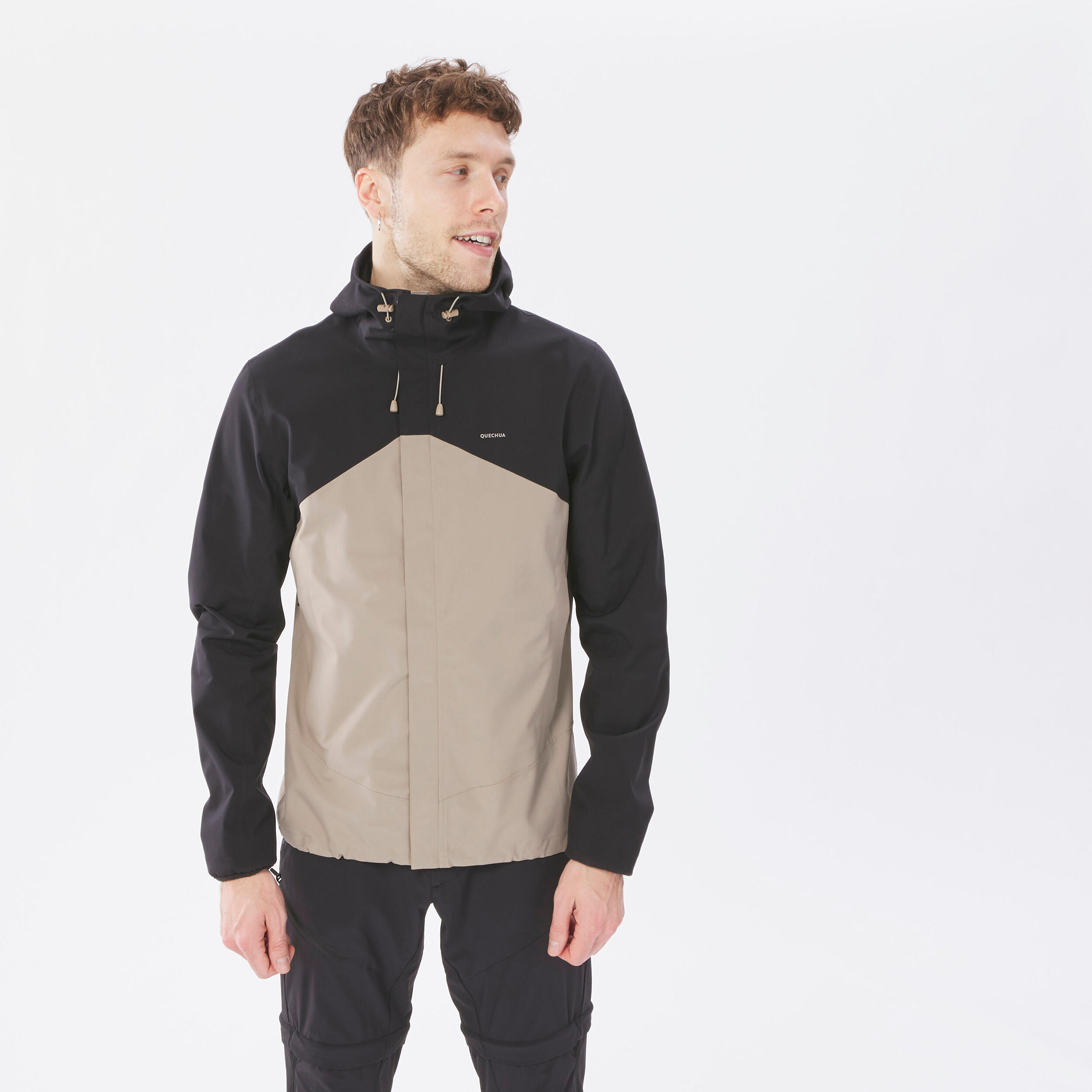 کاپشن بارانی مردانه فضای باز QUECHUA – مشکی/بژ – MH150