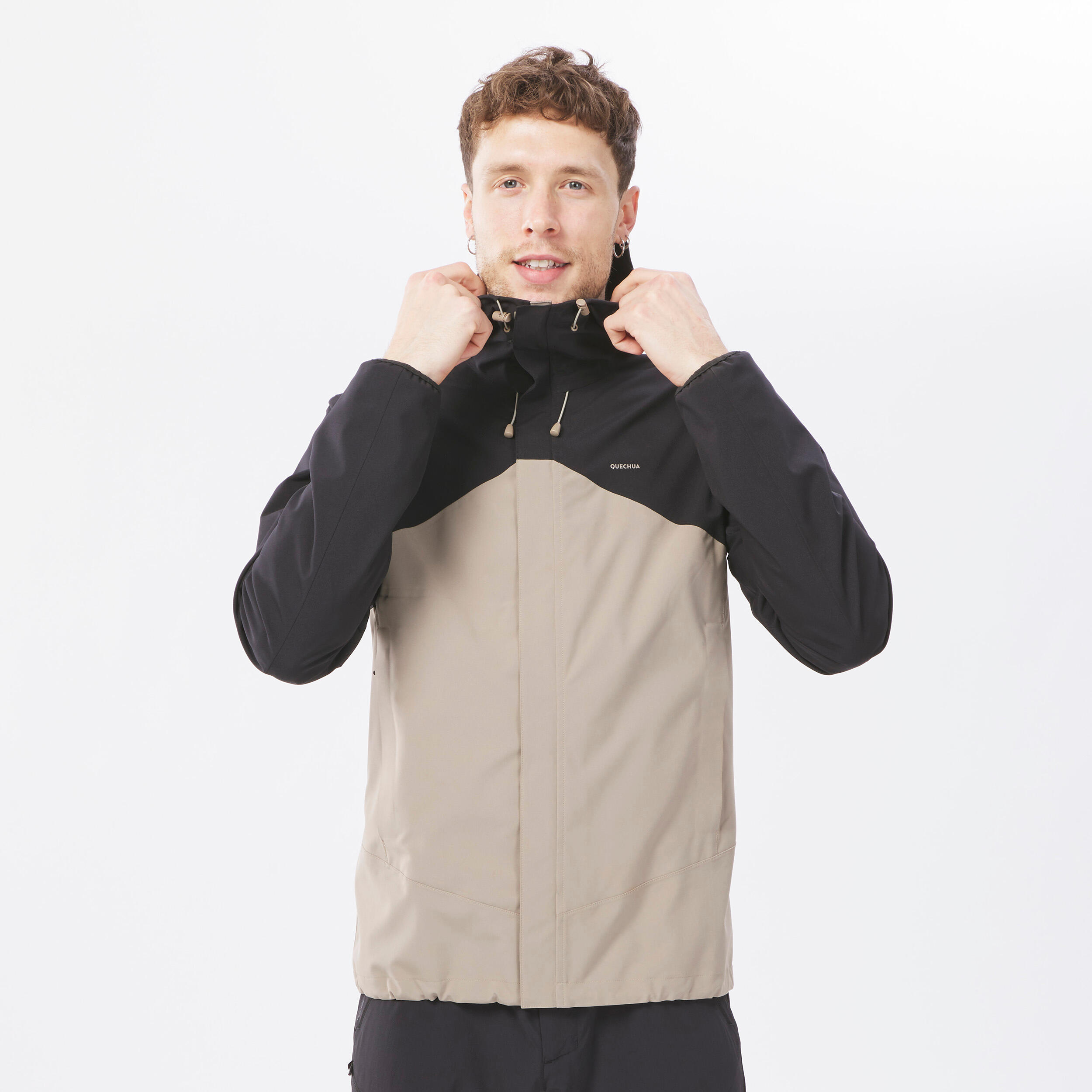 کاپشن بارانی مردانه فضای باز QUECHUA – مشکی/بژ – MH150