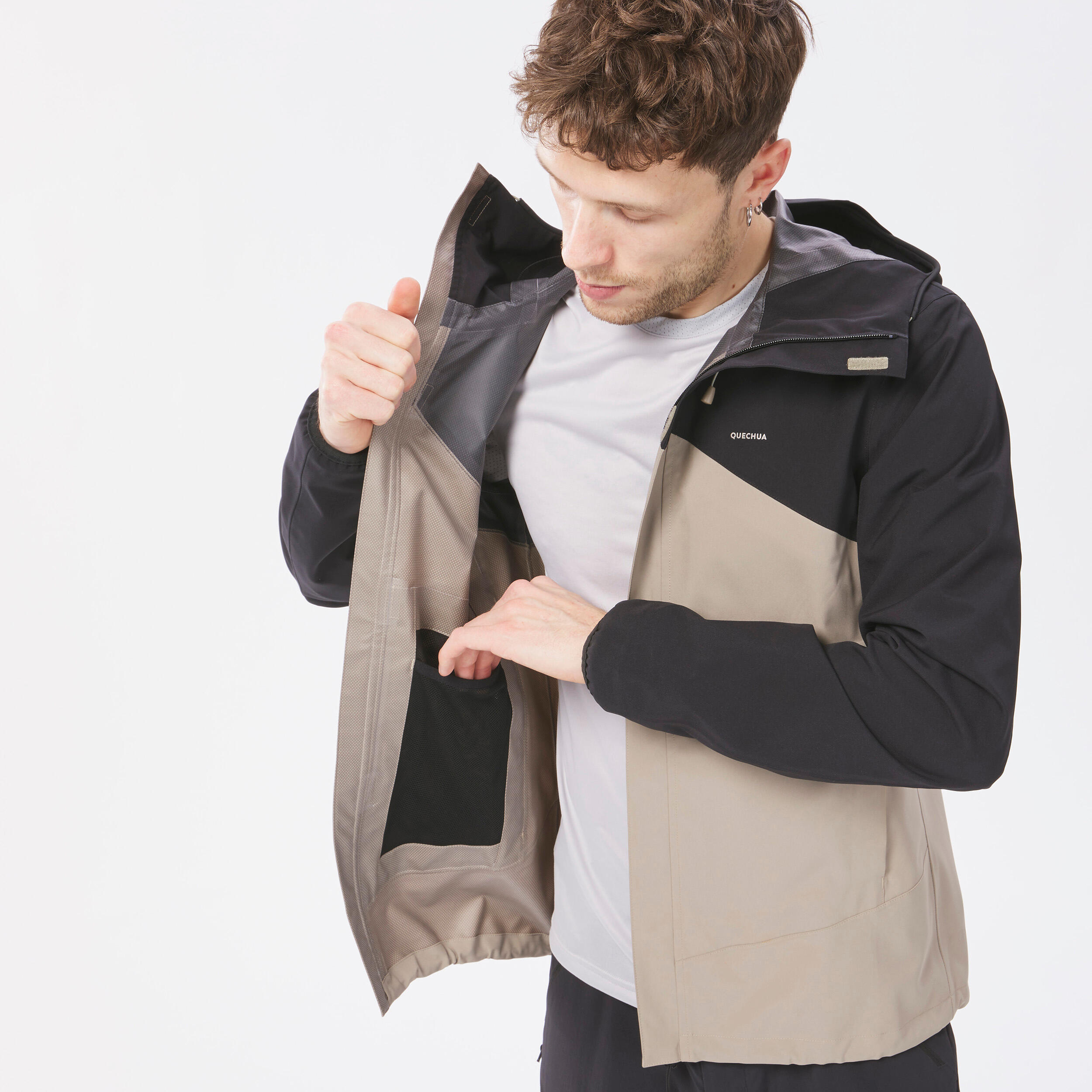 کاپشن بارانی مردانه فضای باز QUECHUA – مشکی/بژ – MH150