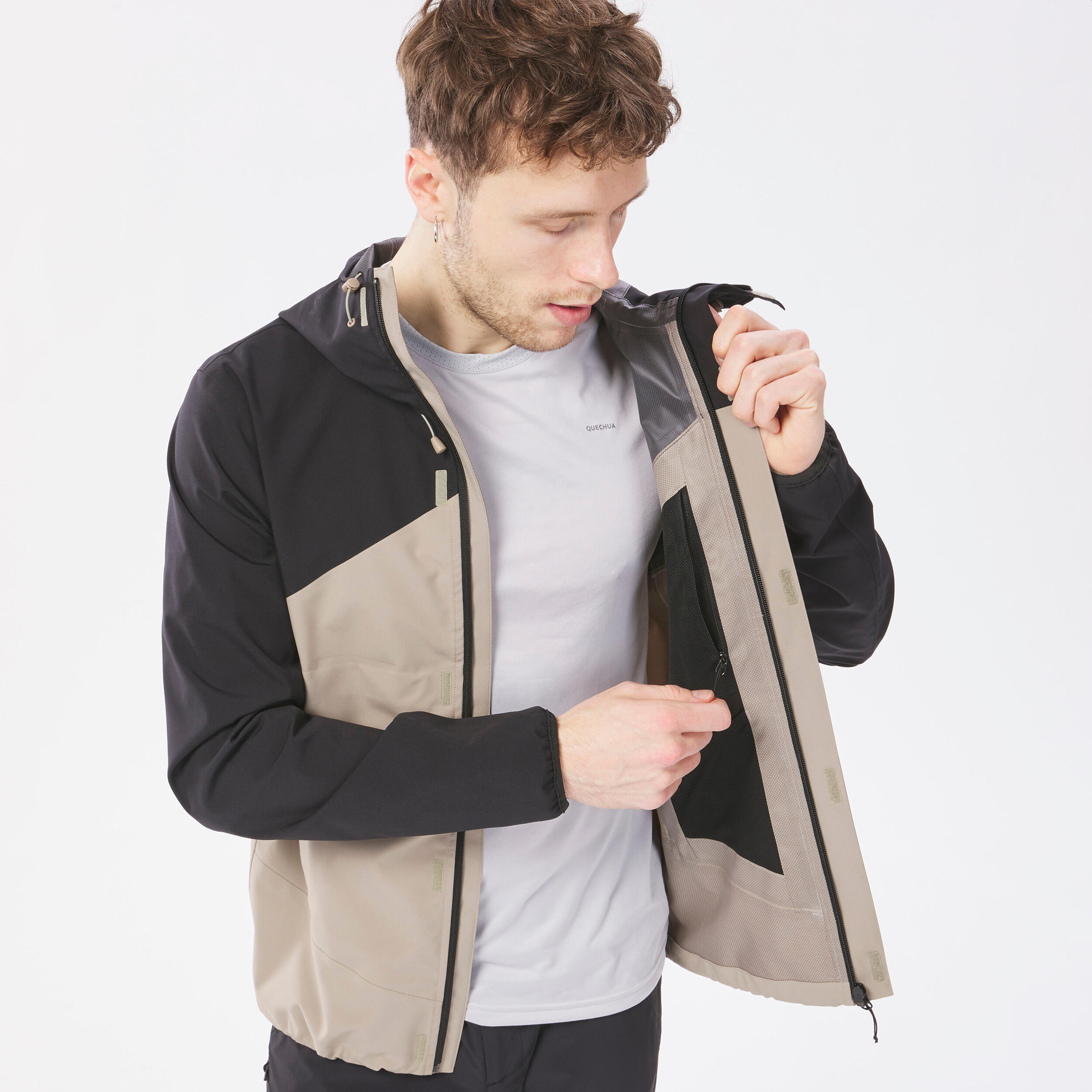 کاپشن بارانی مردانه فضای باز QUECHUA – مشکی/بژ – MH150
