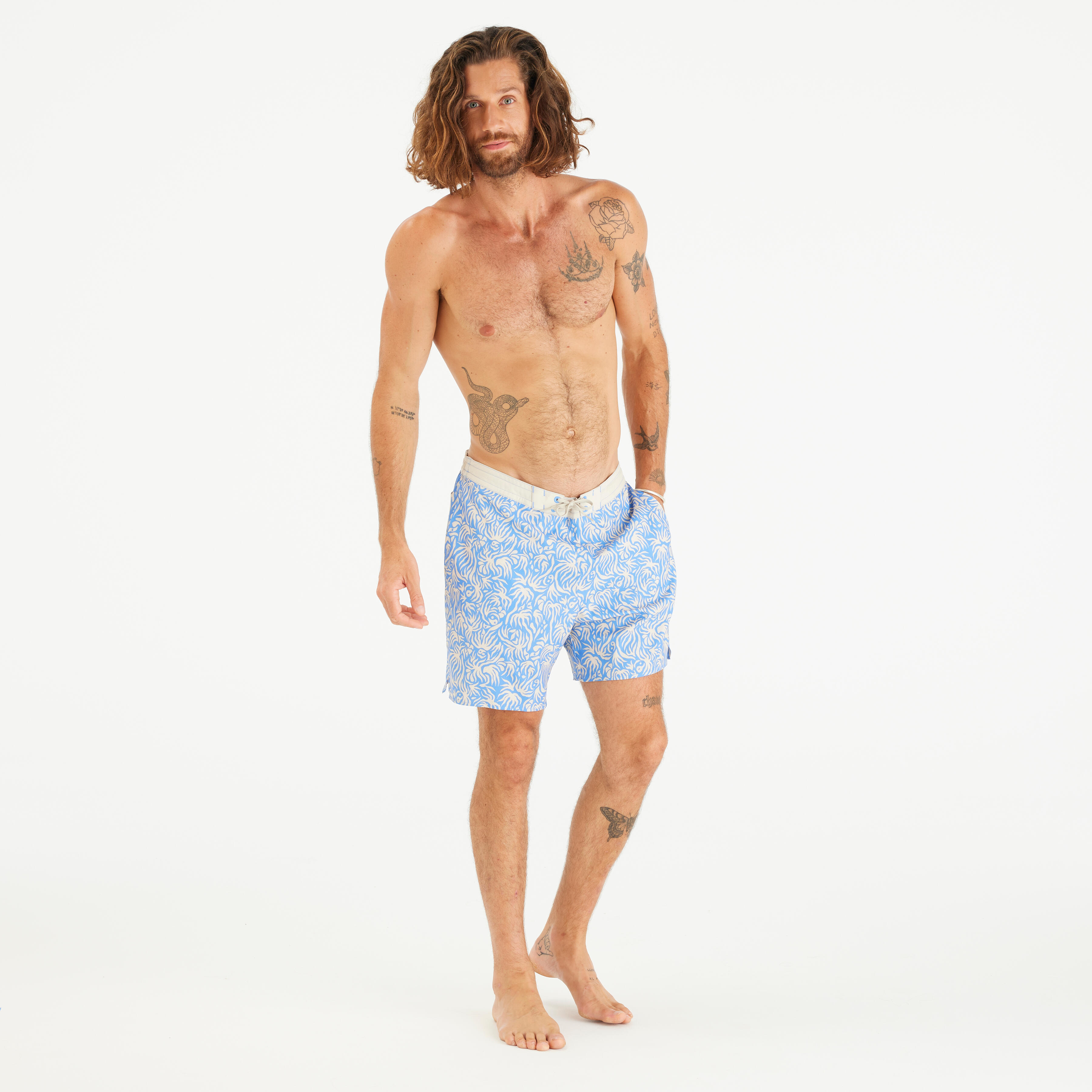 Erkek Uzun 18" Deniz Şortu/Boardshort - Mavi - Çiçekli - 100