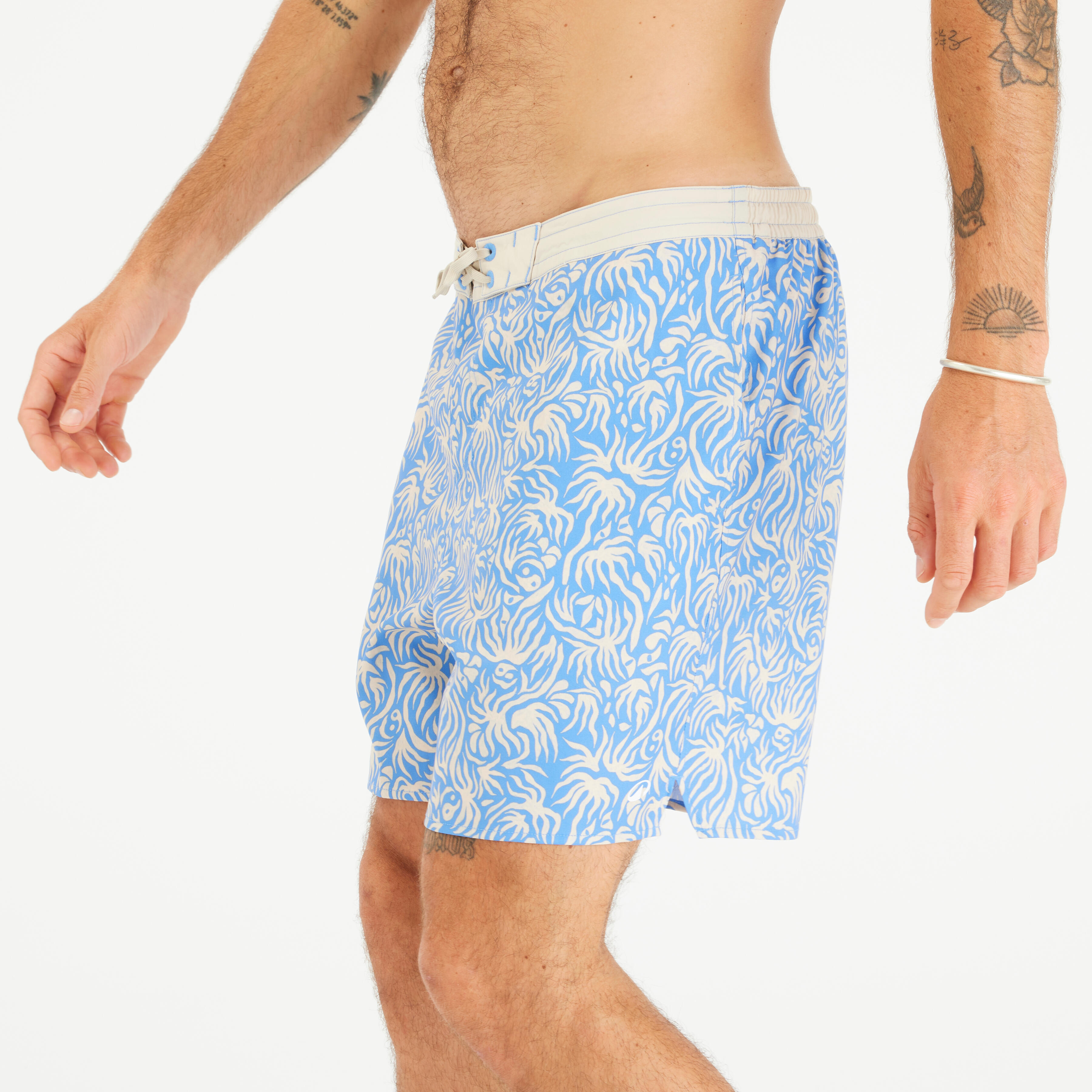Erkek Uzun 18" Deniz Şortu/Boardshort - Mavi - Çiçekli - 100