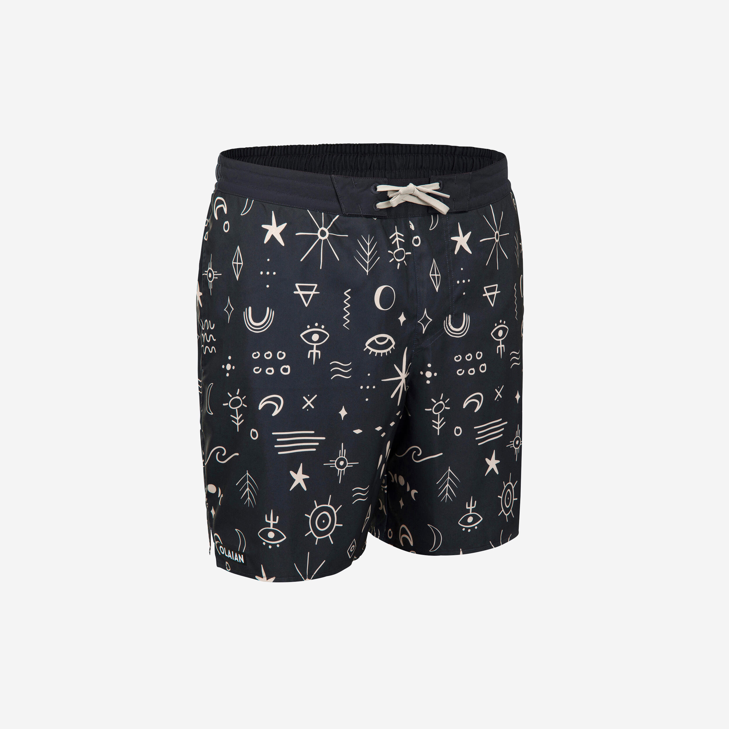 Erkek Uzun Deniz Şortu/Boardshort - Siyah - Sembol Desenli - 100