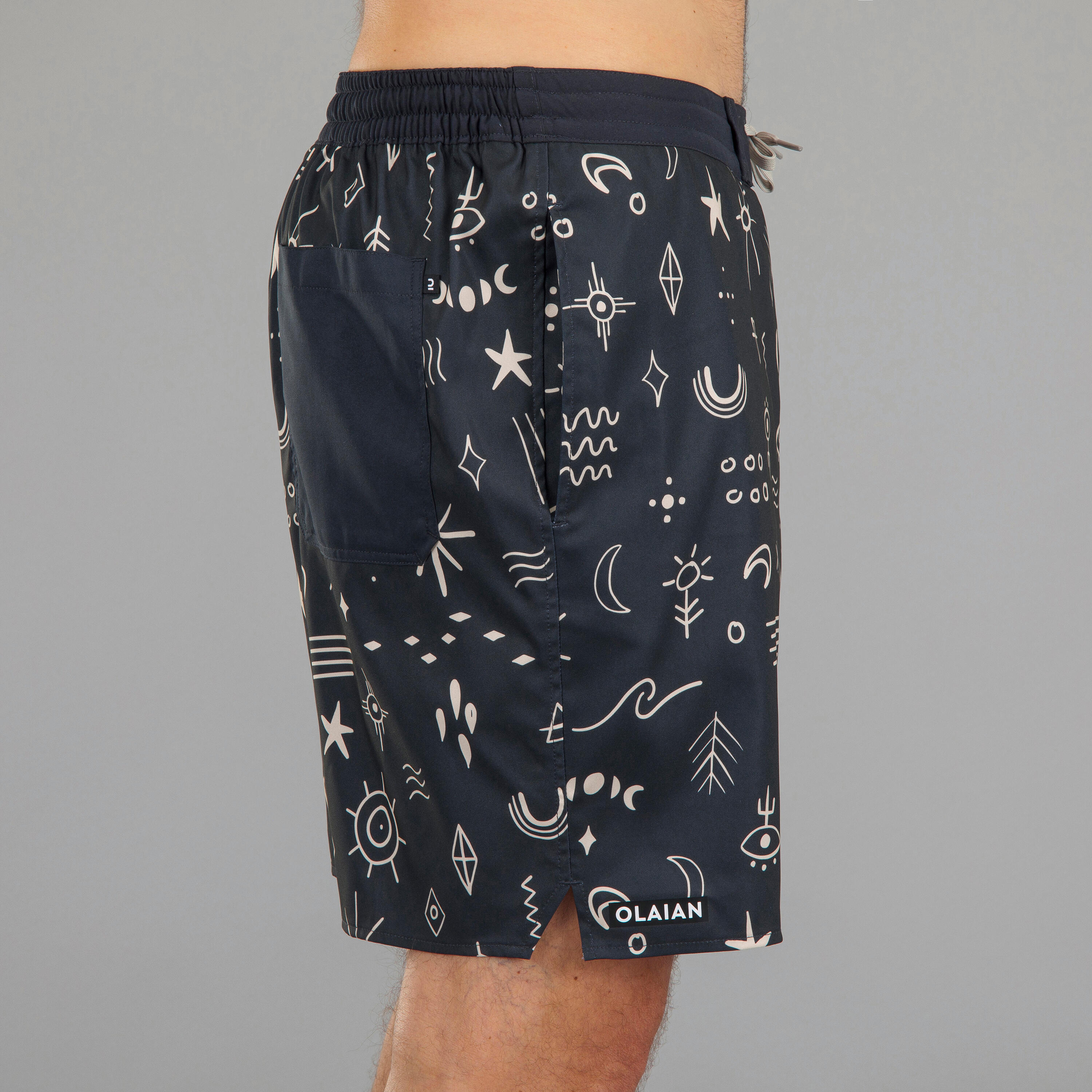 Erkek Uzun Deniz Şortu/Boardshort - Siyah - Sembol Desenli - 100