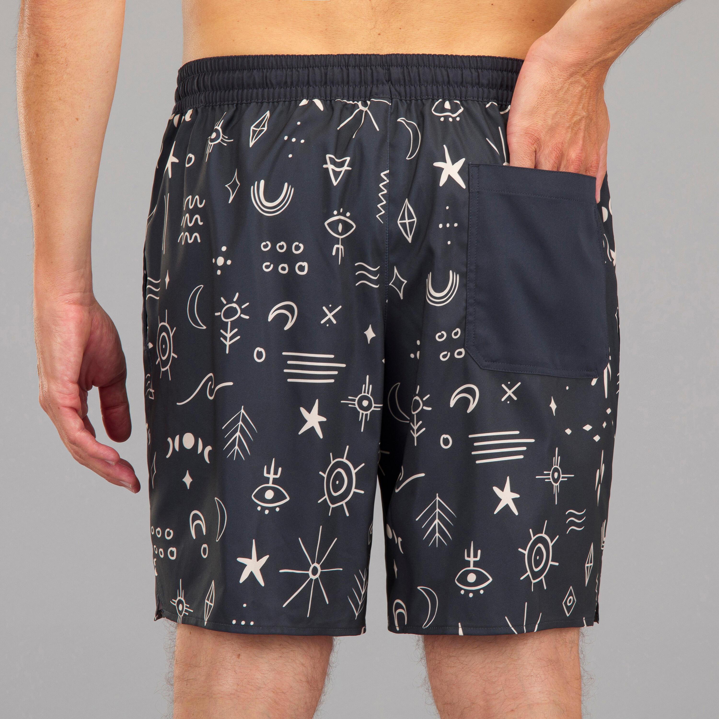 Erkek Uzun Deniz Şortu/Boardshort - Siyah - Sembol Desenli - 100