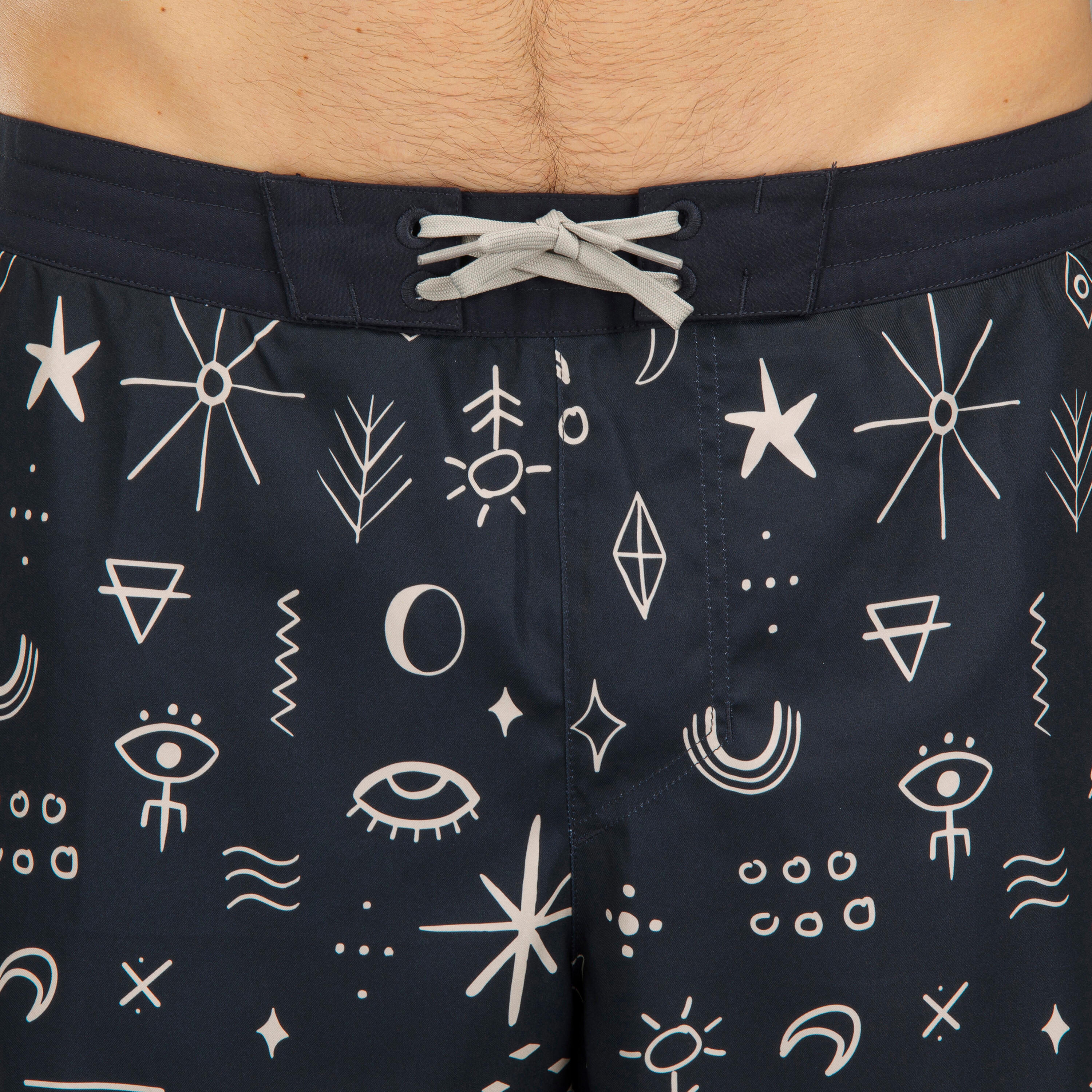 Erkek Uzun Deniz Şortu/Boardshort - Siyah - Sembol Desenli - 100