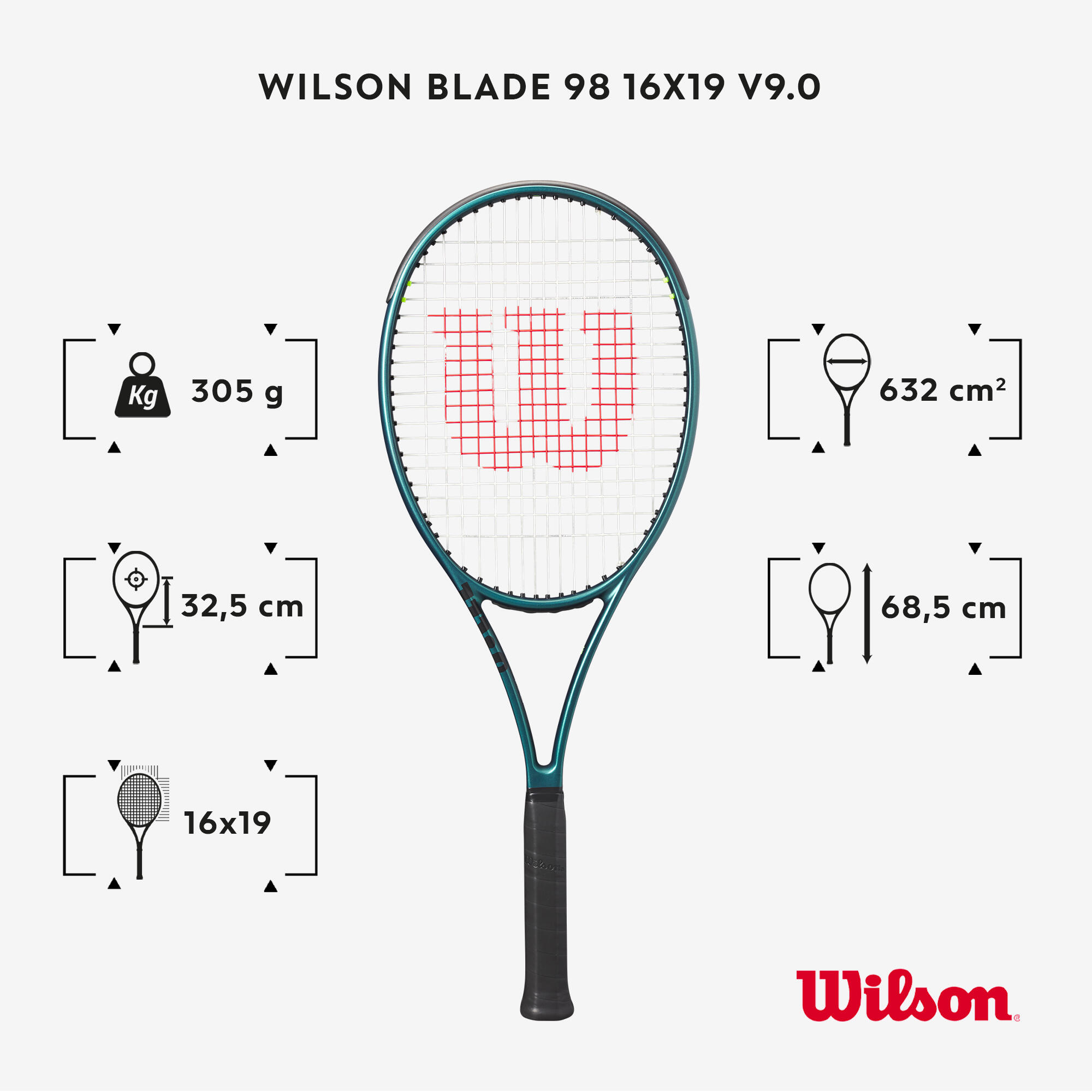 Yetişkin Kordajsız Tenis Raketi  - 16x19 - 305 G - Wilson Blade 98 V9