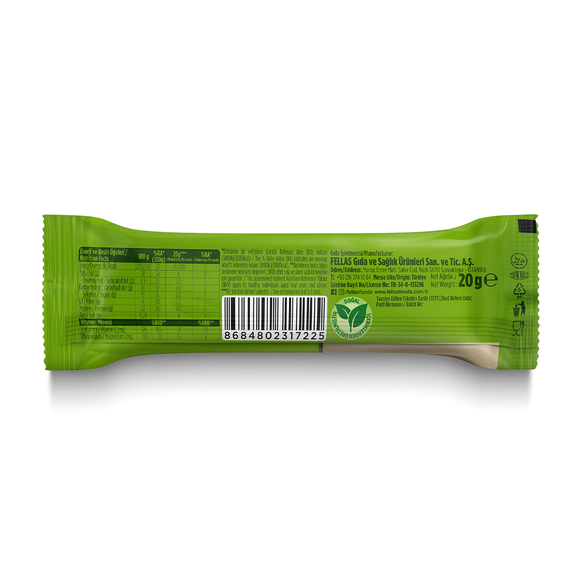 Fellas Antep Fıstıklı Kuruyemiş Bar 20 Gr